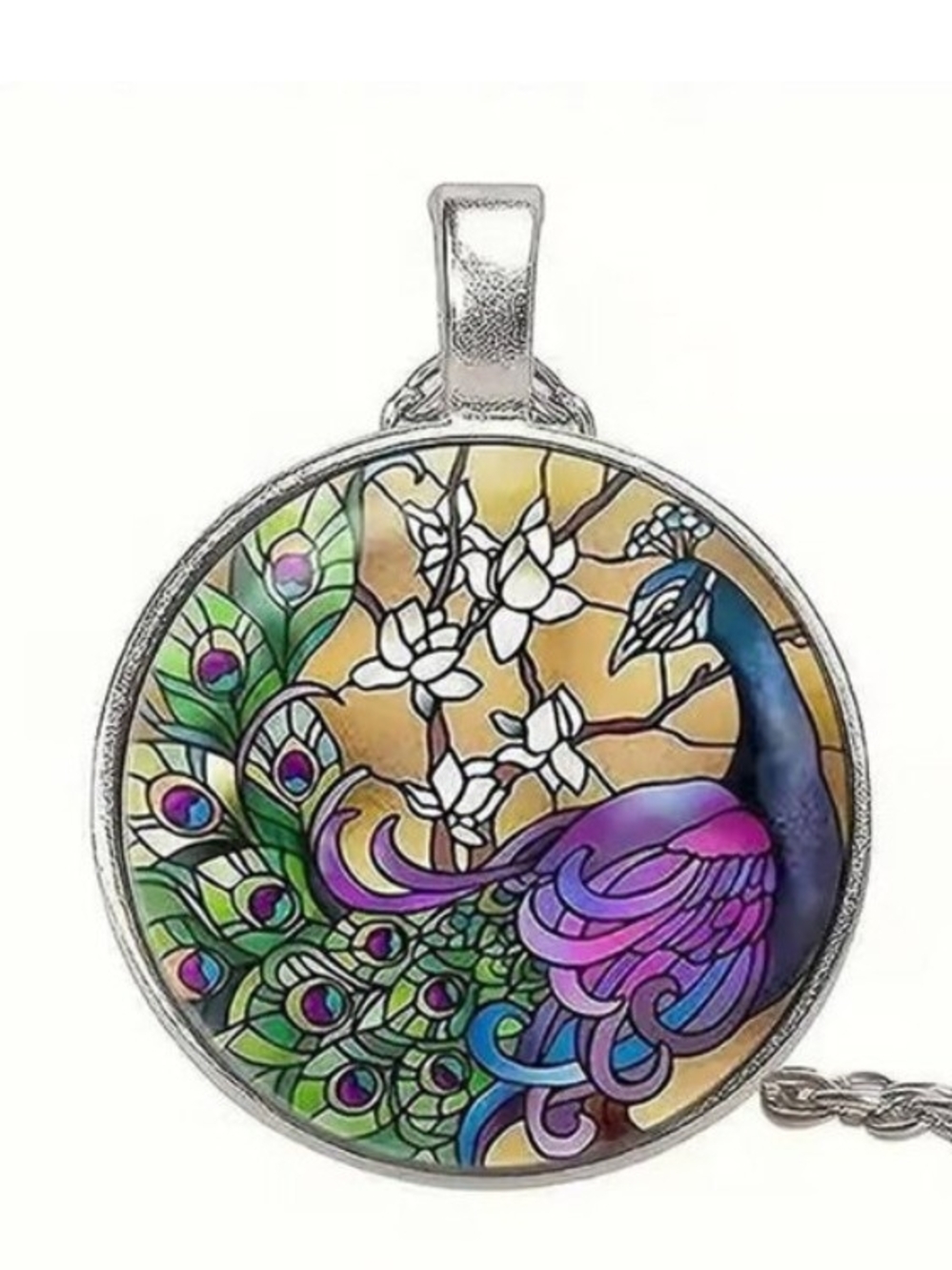 Peacock Stained-Glass Pendant Necklace in Purple & Green - Unbranded